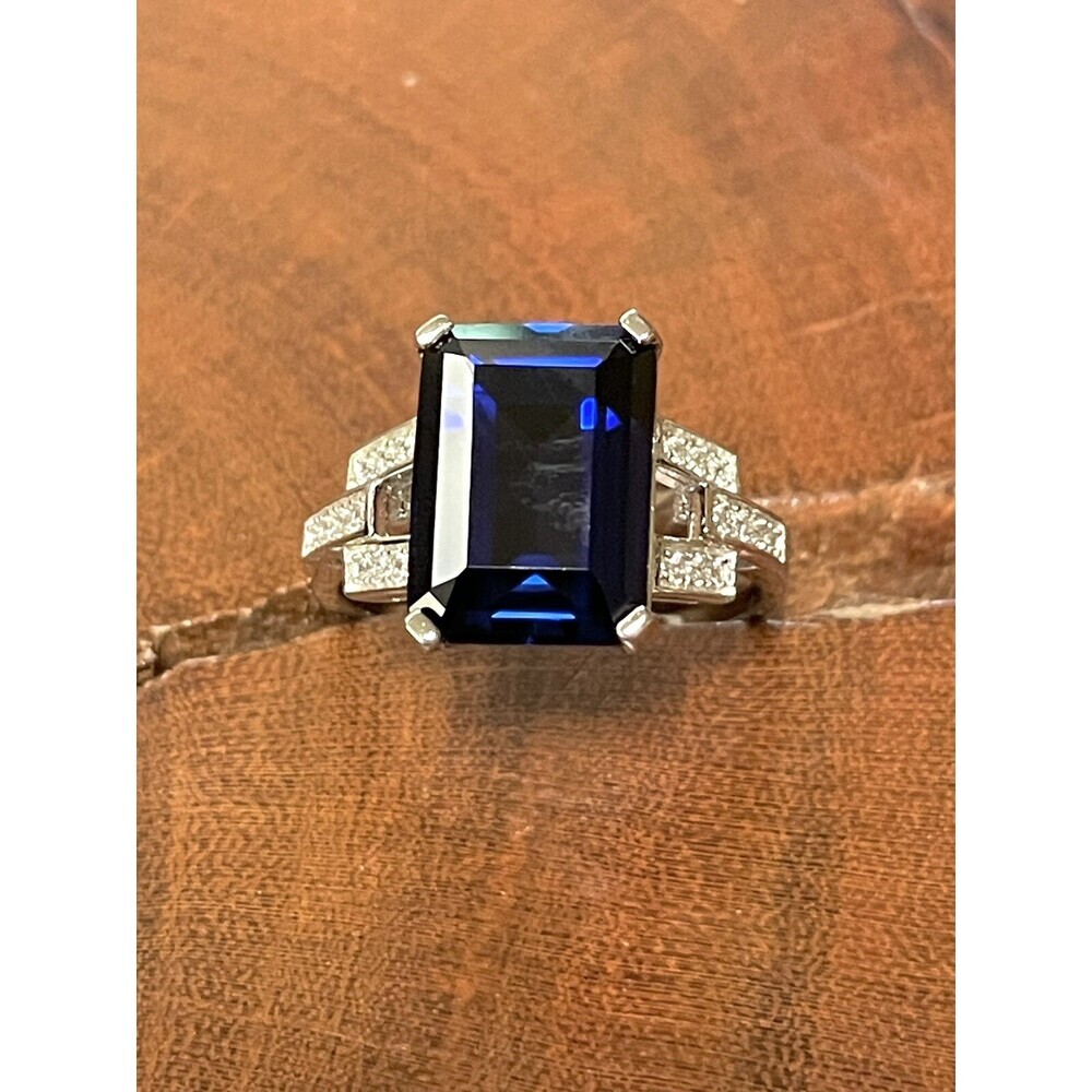 Genuine Emerald Cut Lab-Created Sapphire Set in Ring 925 Sterling Silver - Picture 3 of 13